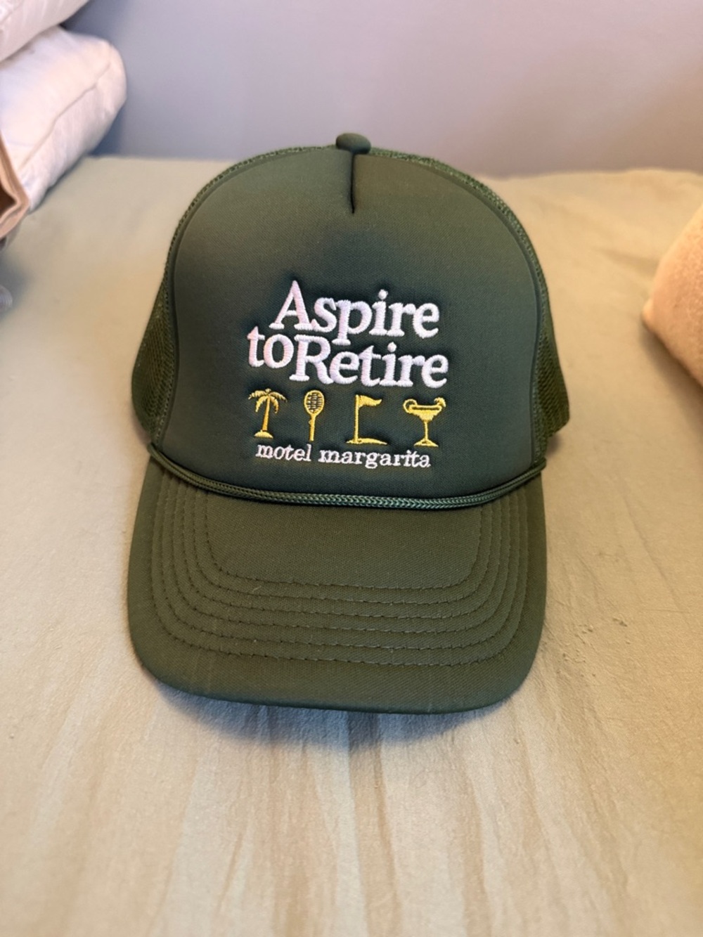 Aspire to Retire Green Trucker Hat - motel margarita